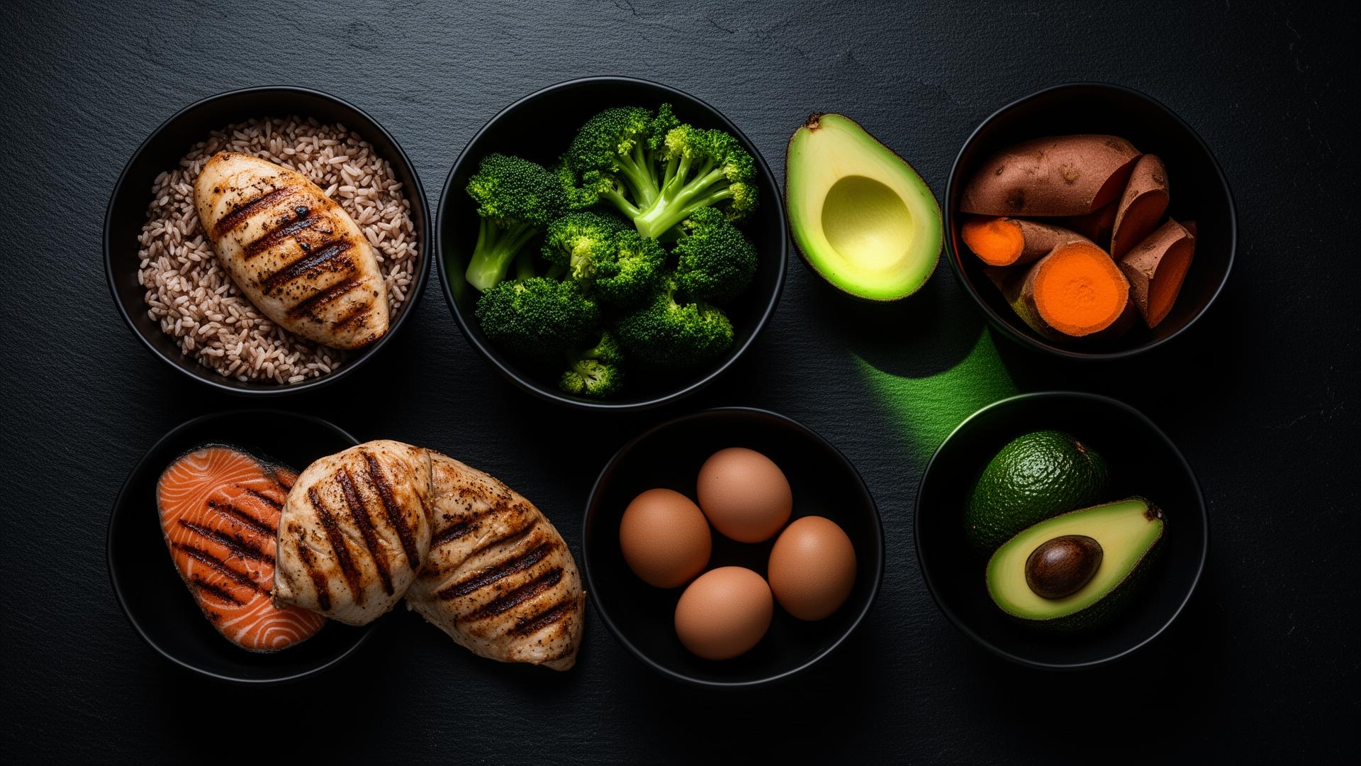 High-protein meal prep with chicken, salmon, eggs, broccoli and rice